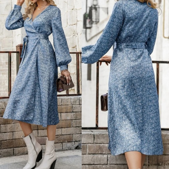 Boho green floral print wide knot wrap dress - Picture 6 of 8